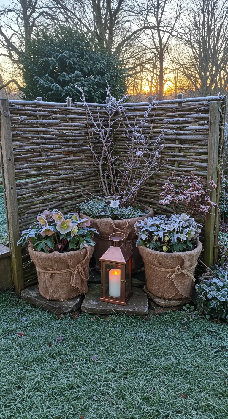 Burlap-wrapped hellebore plants in front of a wattle fence with a lit copper lantern.