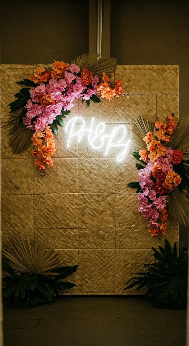 A woven mat backdrop with a neon sign and tropical flower arrangements.