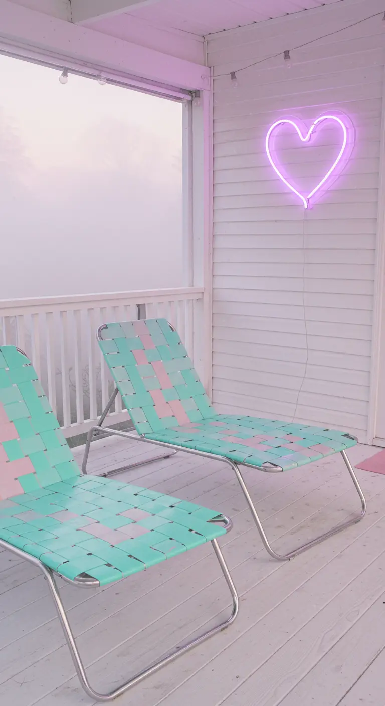 Two woven vinyl loungers in mint and pink on a white deck with a light pink neon heart.