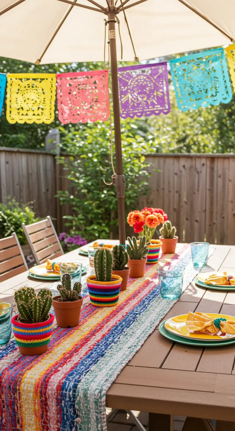 A colorful table runner made from woven fabric strips on a sunny patio table.