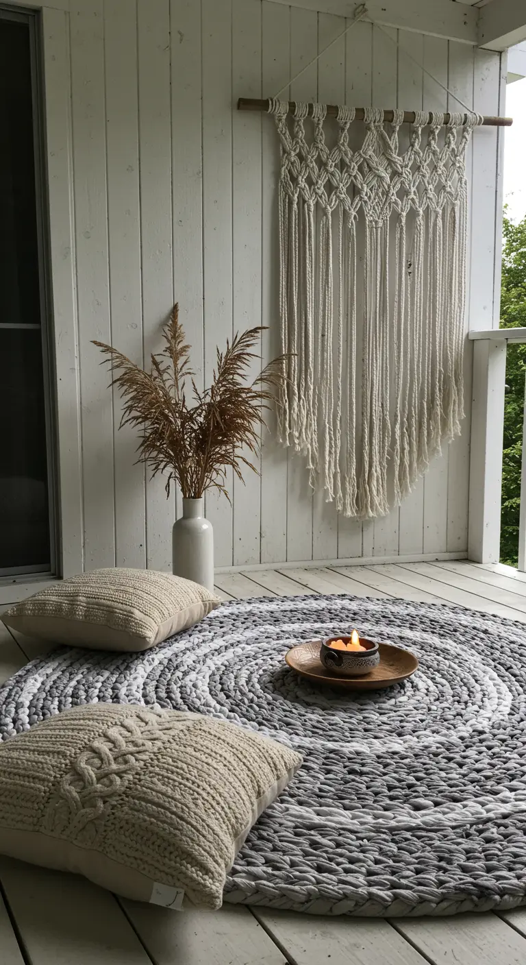 A round rug made from braided gray and white sweater fabric on a wooden porch.