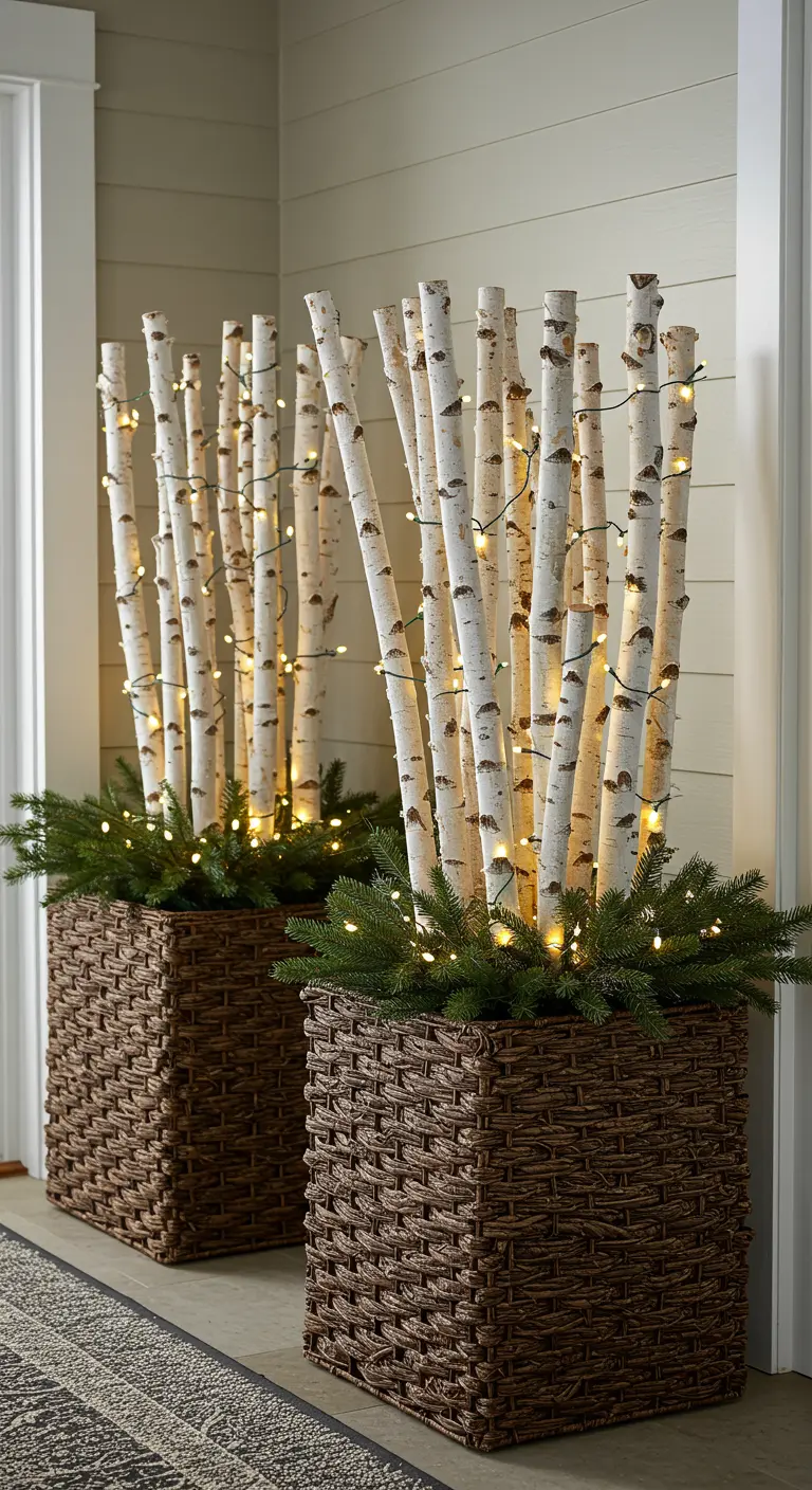 Woven square planters filled with vertical birch logs, evergreens, and fairy lights.