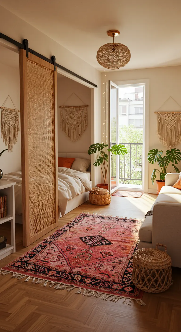 Boho apartment with a rattan sliding door, a pink patterned rug, and numerous plants.