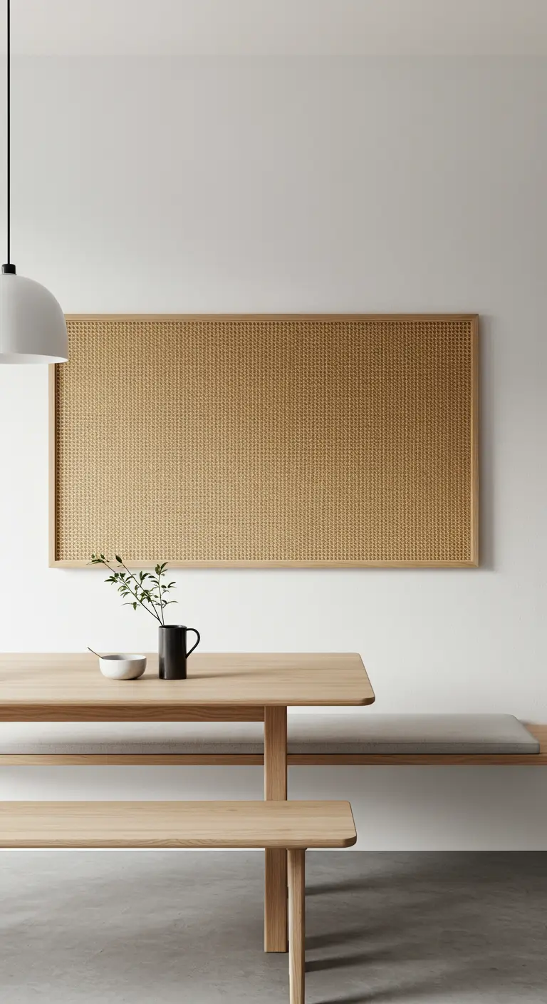 A rectangular, wood-framed cane panel hanging on a white wall above a dining table.