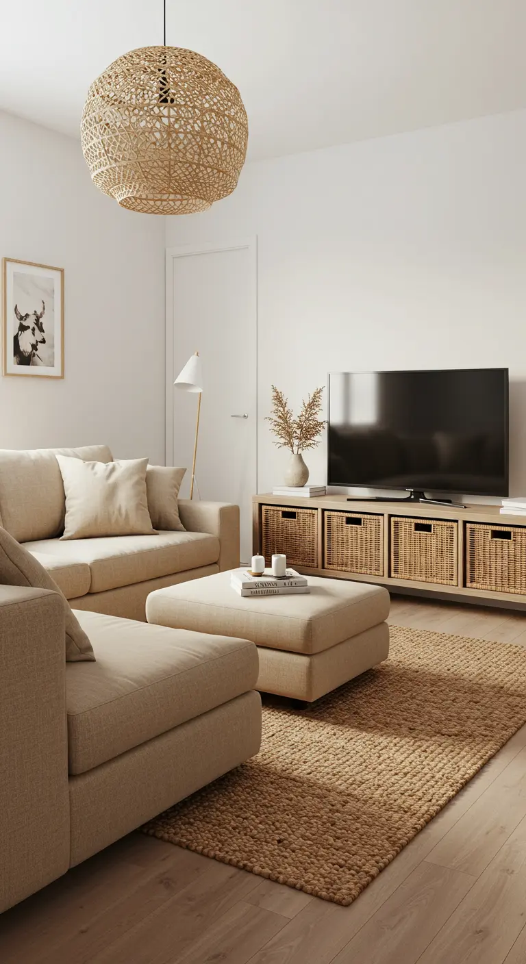 Beige sectional sofa on a jute rug with a TV console using woven storage baskets.