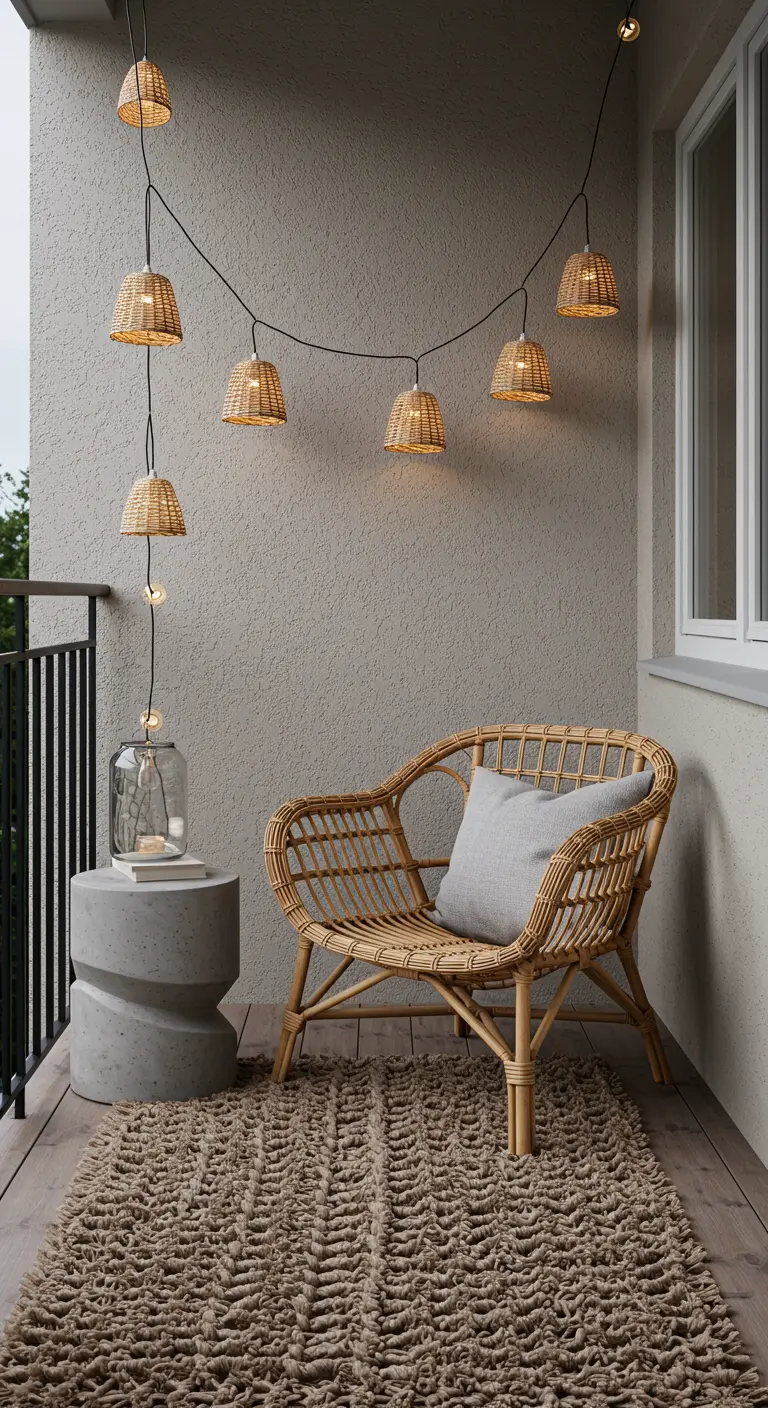 Balcony with a rattan chair, jute rug, and string lights featuring small rattan lampshades.