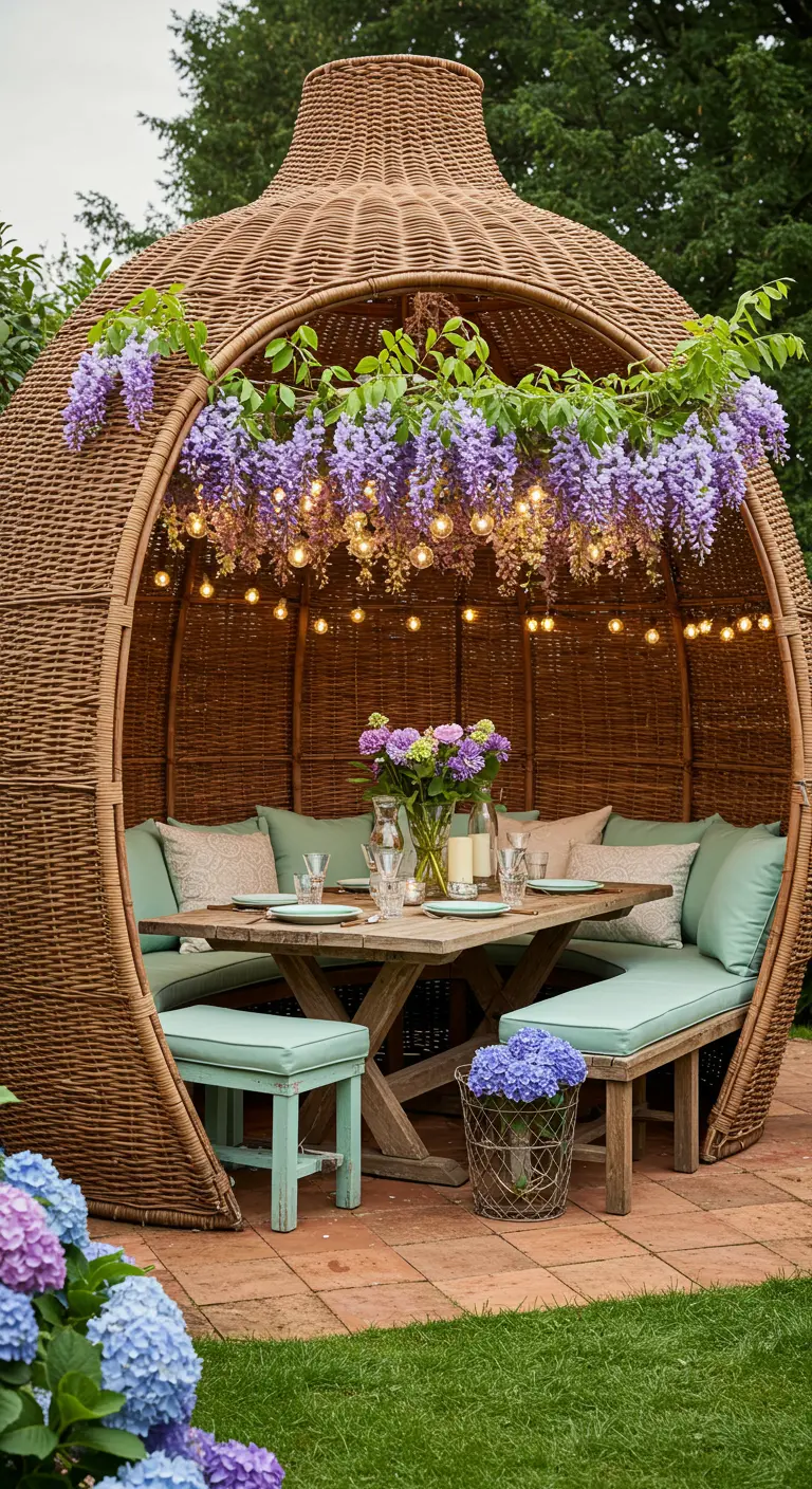 A large wicker dining pod with purple wisteria and string lights, furnished with mint green cushions.