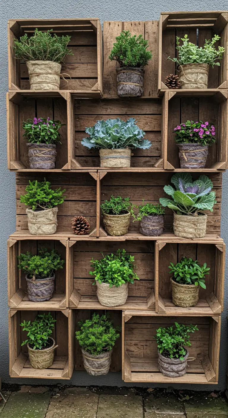 Wall-mounted wooden crates holding plants in woven pots with pinecone accents.