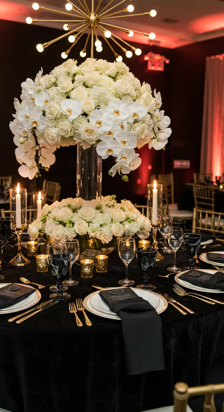 A dramatic all-white floral centerpiece of roses and orchids on a table with black and gold decor.
