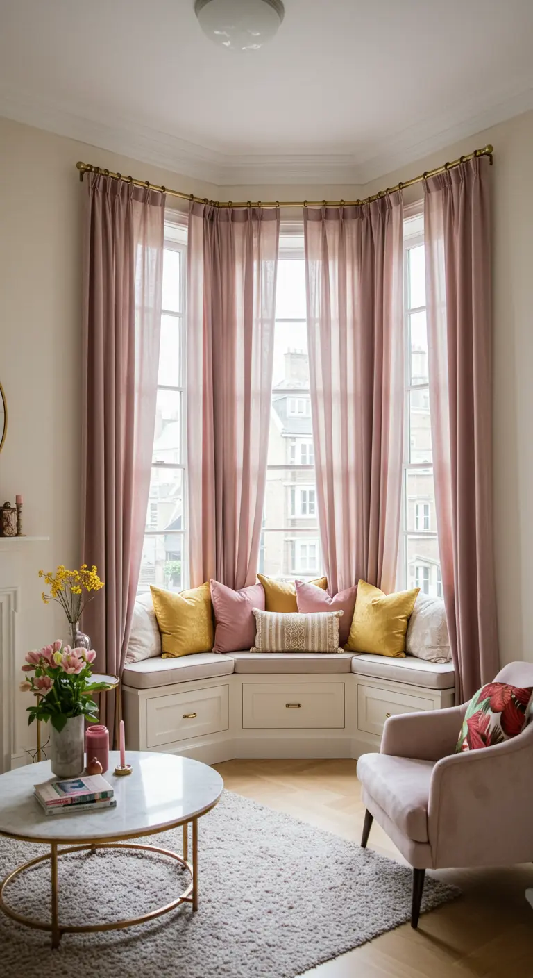 A bay window with a built-in bench and soft pink curtains.