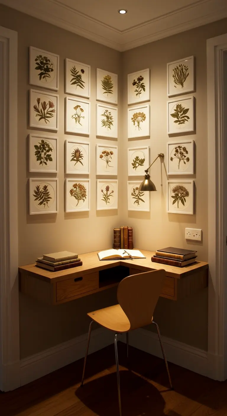 A corner desk is enveloped by a gallery wall of dozens of vintage botanical prints.