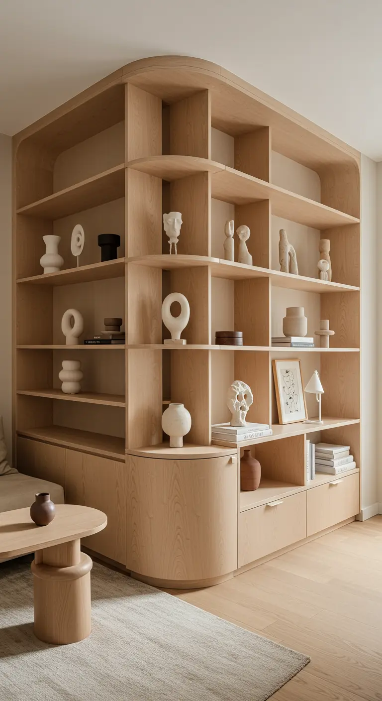 Custom light wood corner bookshelf filled with minimalist ceramic objects.