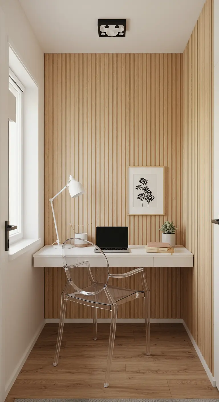 A small home office nook with light wood slat walls and a clear chair.