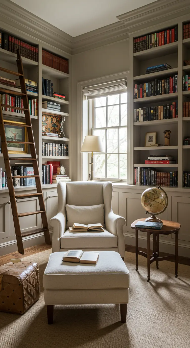 A cozy home library with floor-to-ceiling beige bookshelves, a ladder, and a cream armchair.