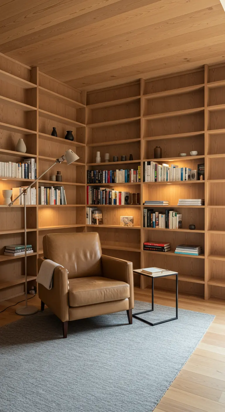 A cozy library with floor-to-ceiling light wood bookshelves and a leather armchair.