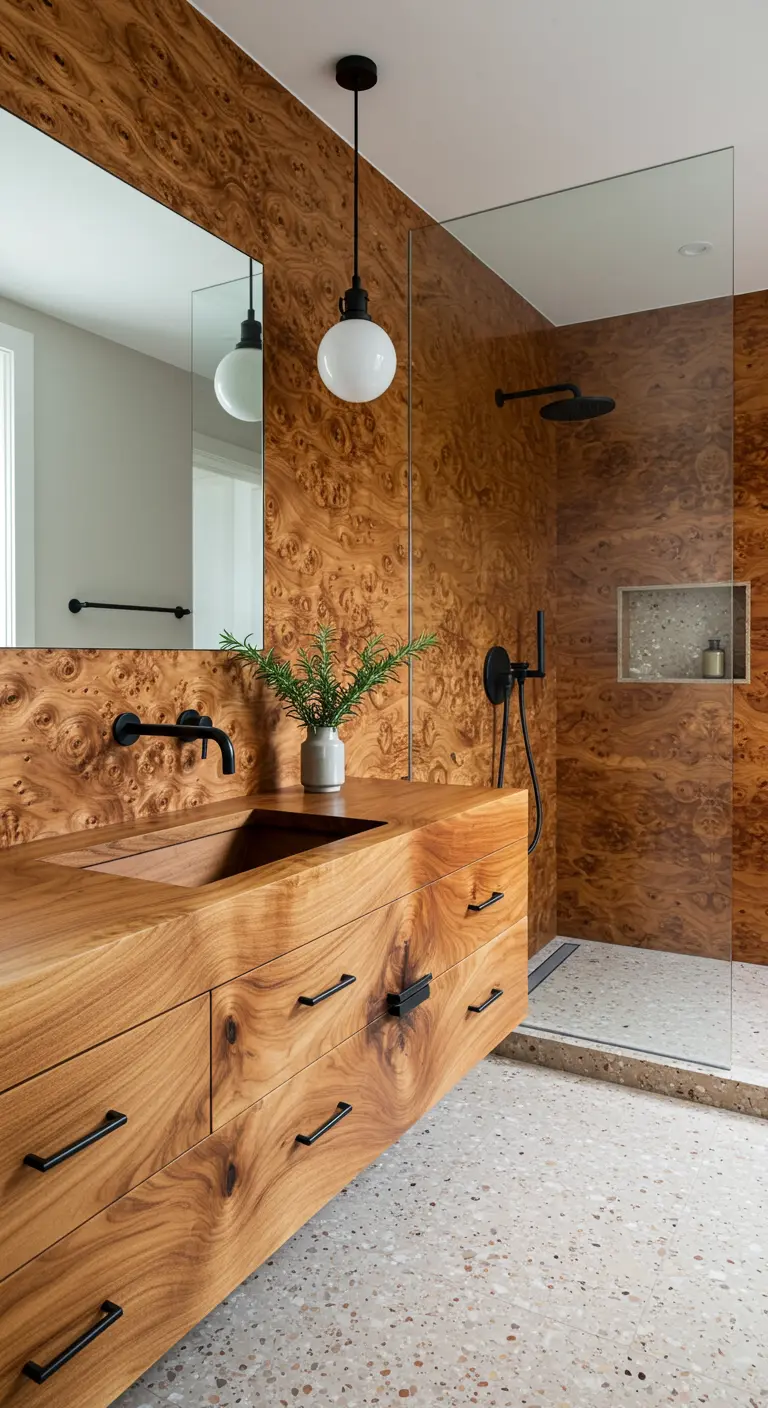 Bathroom with walls and vanity covered in a dramatic burl wood veneer.