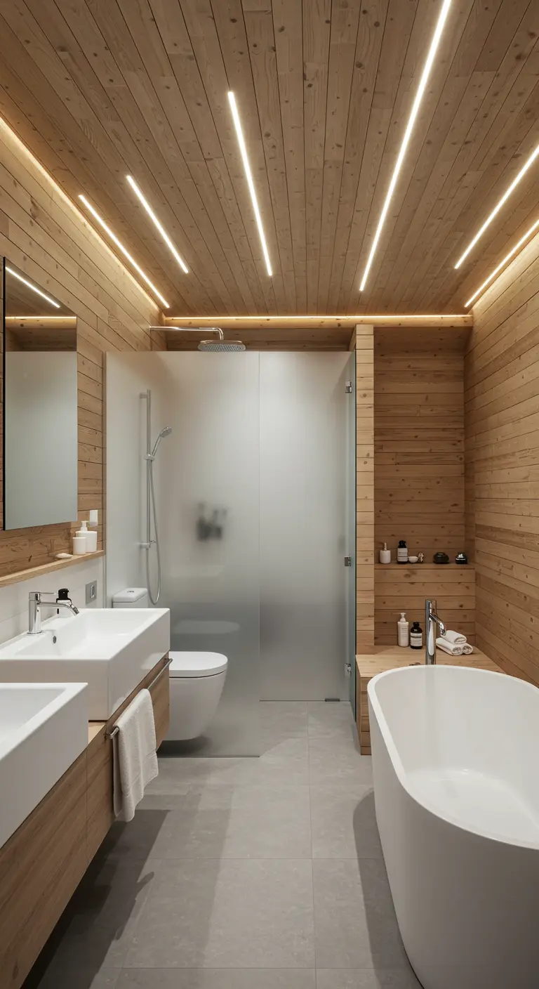 Bathroom fully paneled in light wood with integrated LED lighting.