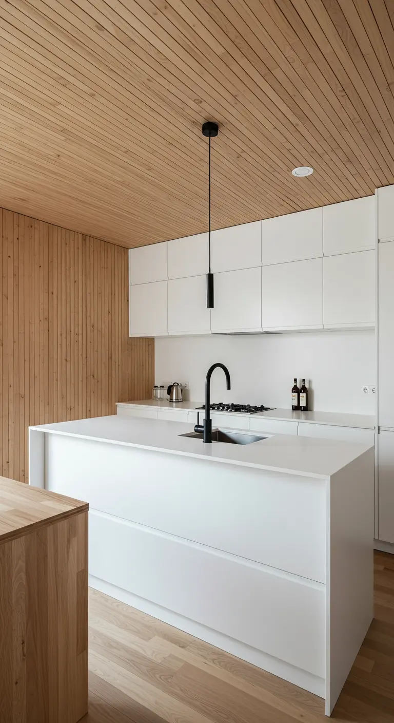 Minimalist kitchen with a light wood-paneled ceiling and wall contrasting with a white island.
