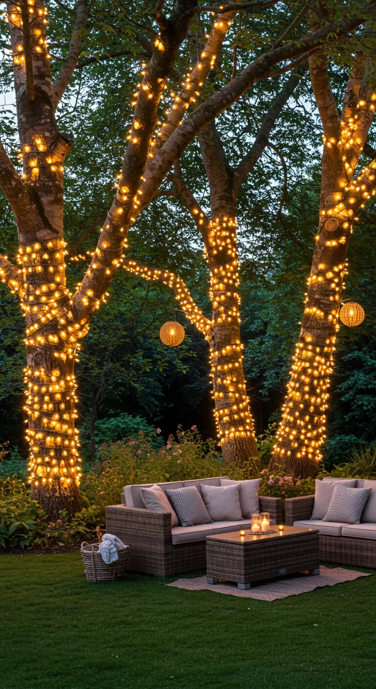 Three tree trunks in a backyard heavily wrapped in glowing fairy lights.