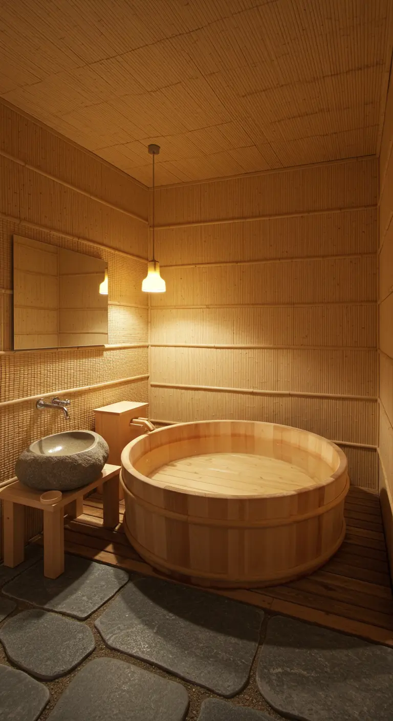 Small bathroom with woven bamboo walls, a round wooden tub, and a stone floor.