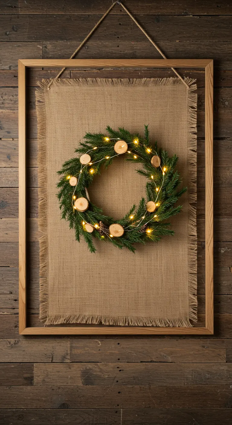 A lighted evergreen wreath mounted on burlap inside a large wooden frame as wall art.