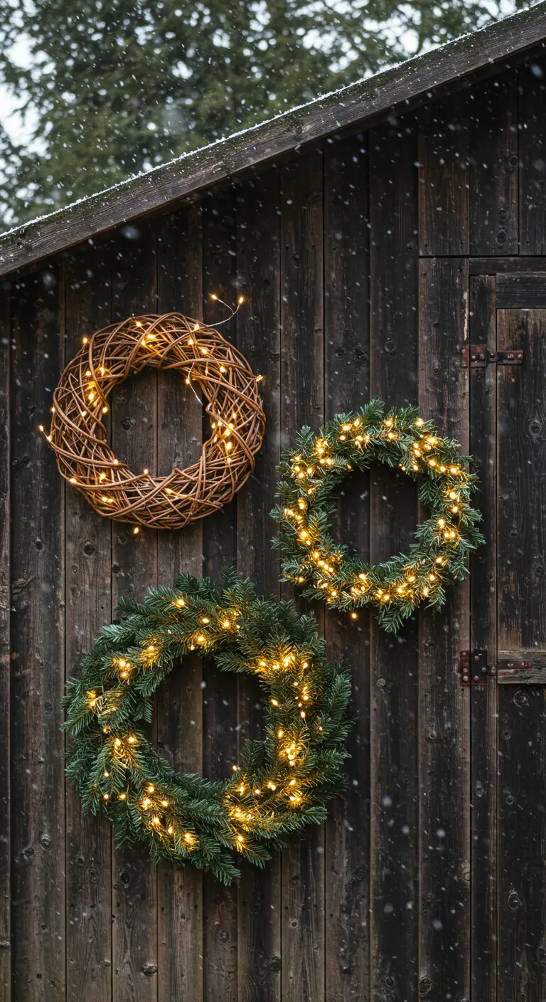 Three different lit wreaths—grapevine and evergreen—hanging on a rustic wooden wall.
