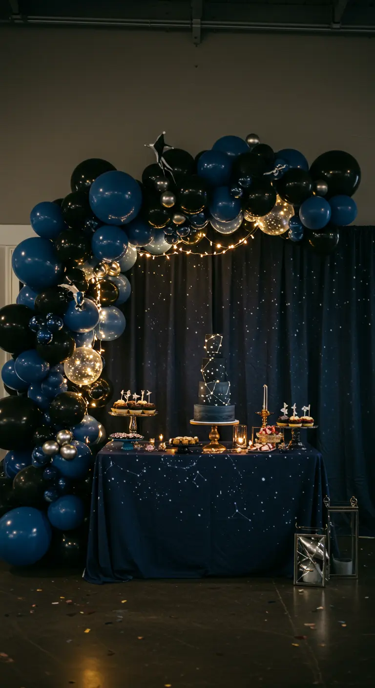 A celestial-themed balloon arch in navy, black, and gold for a nighttime party.