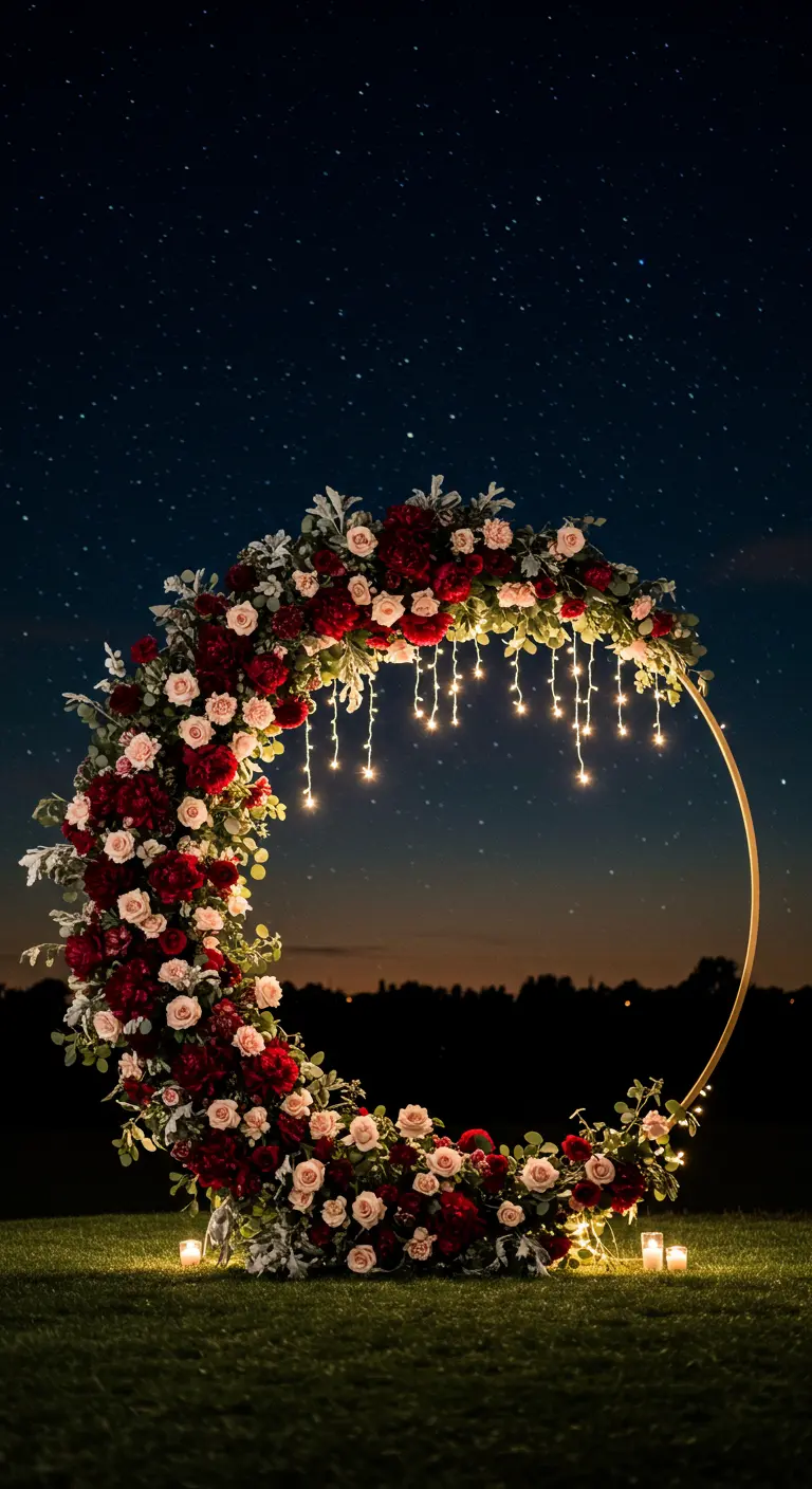 A circular floral wedding arch lit from within by hanging fairy lights at night.