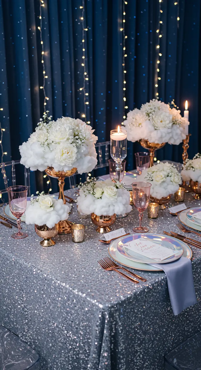 Celestial-themed table with sequin cloth and flowers on cotton clouds.