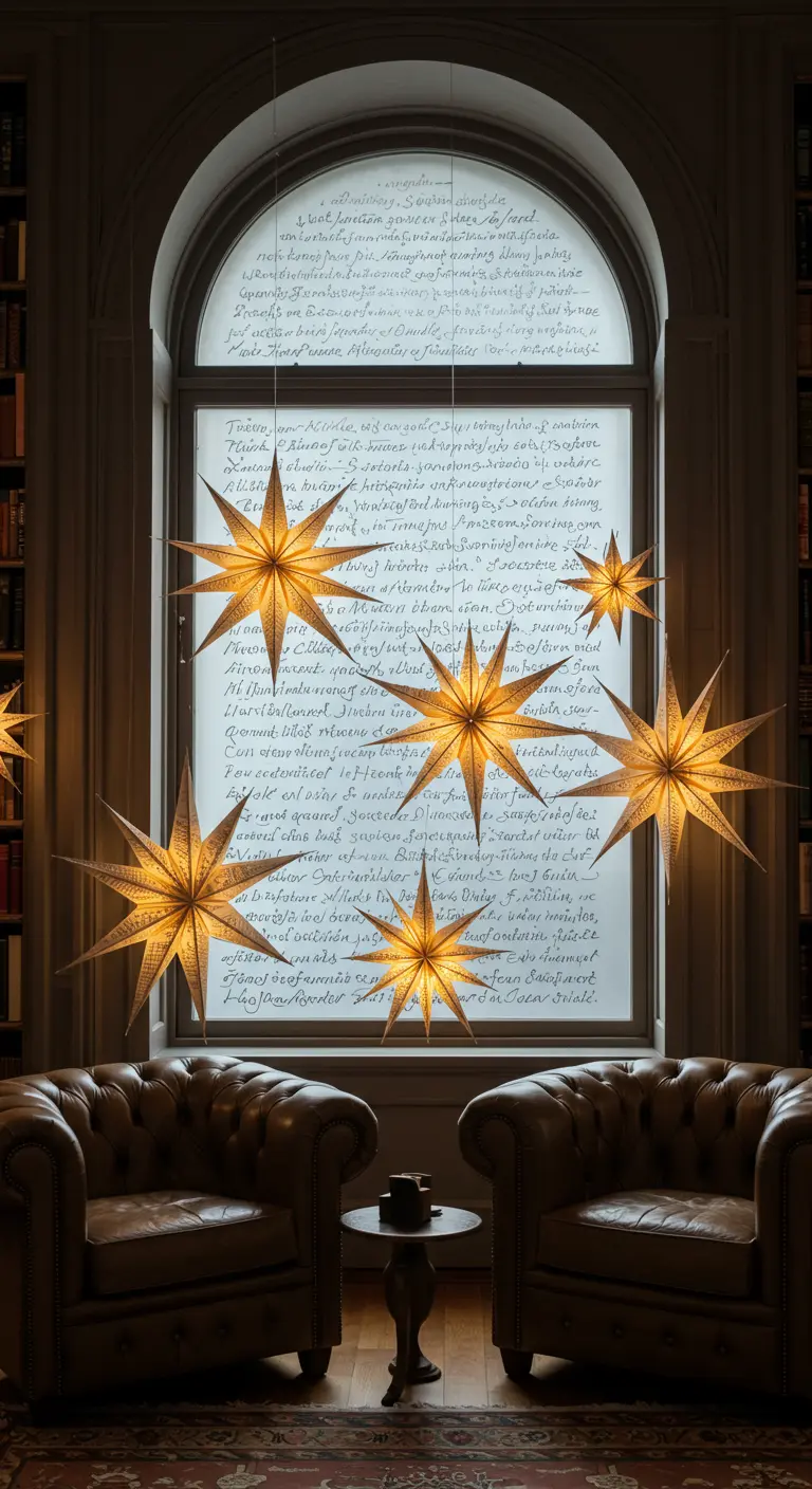 Lit paper stars hanging in front of an arched window covered in elegant white calligraphy.