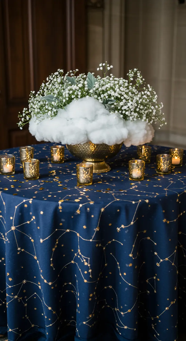 A celestial-themed table with a navy and gold constellation cloth and a baby's breath centerpiece.