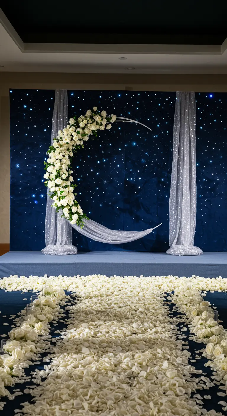 Crescent moon wedding arch with white flowers against a starry night backdrop.