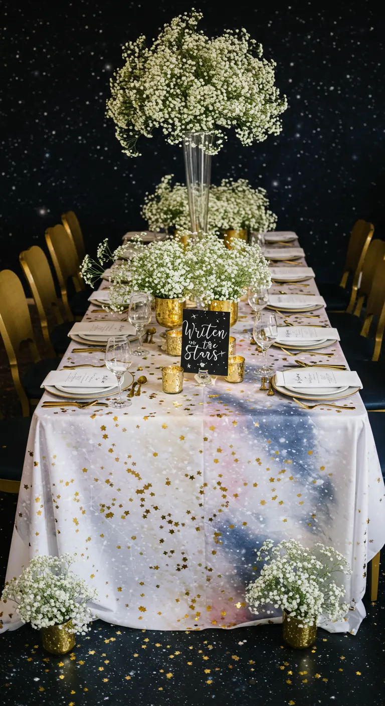 A dining table with a starry tablecloth, gold chairs, and baby's breath centerpieces.
