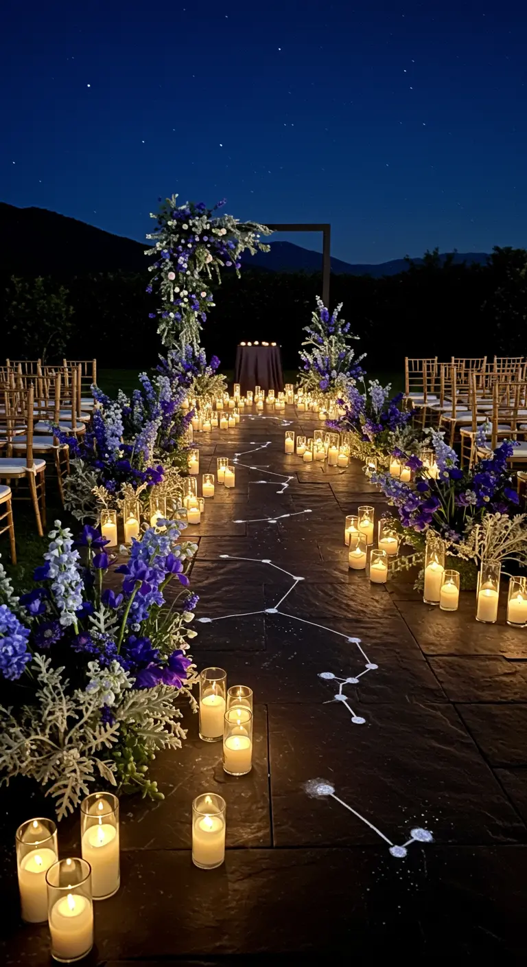 A slate path at night with purple flowers and painted constellations.