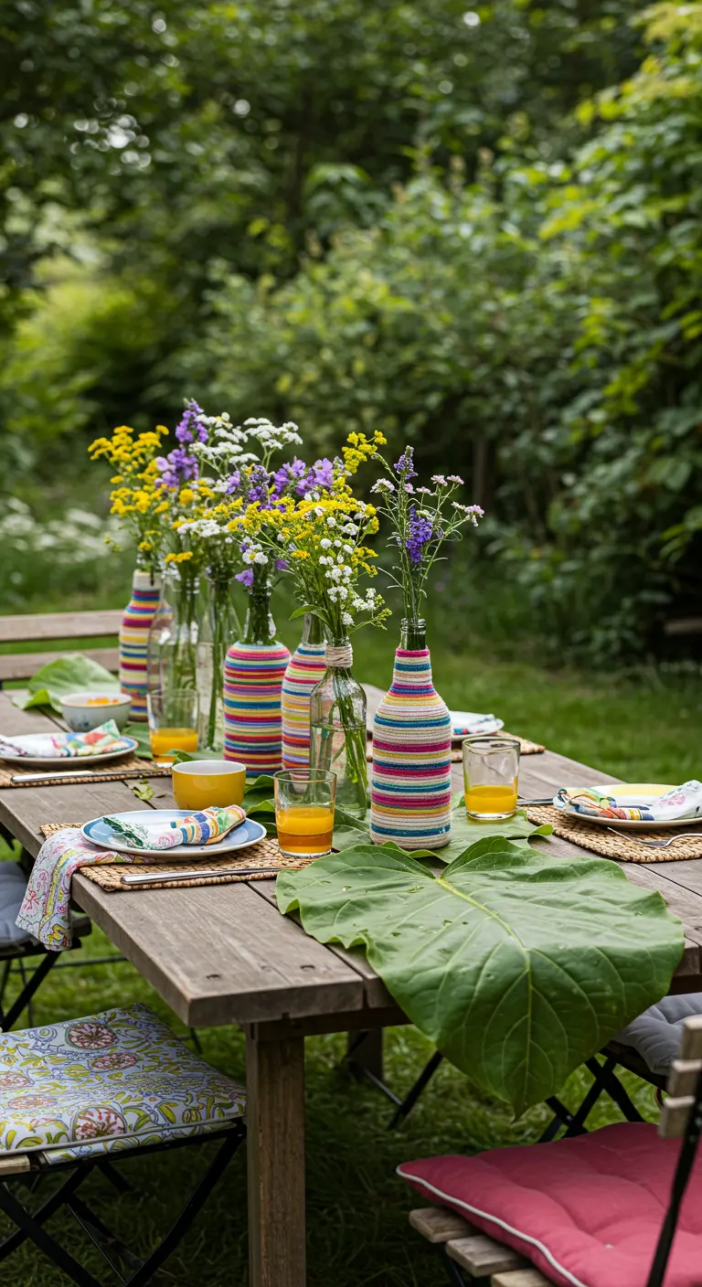 Glass bottles wrapped in colorful striped yarn used as flower vases.