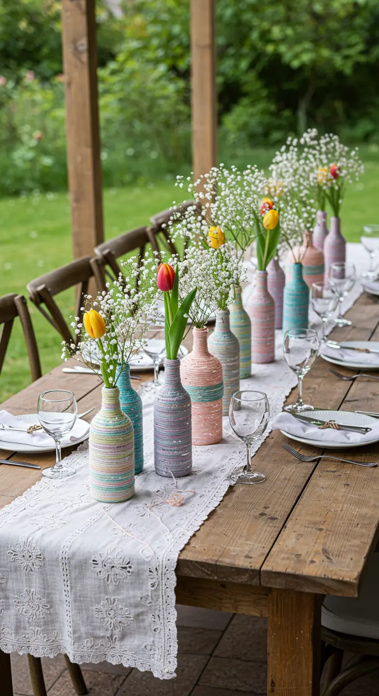 A line of bottles wrapped in pastel-colored yarn used as flower vases.
