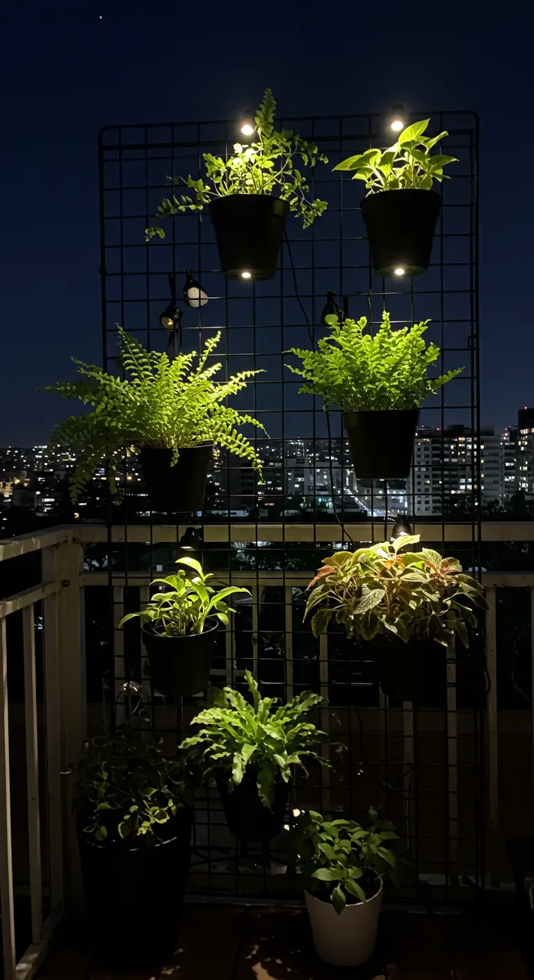 A balcony garden on a wire grid illuminated at night by small spotlights.