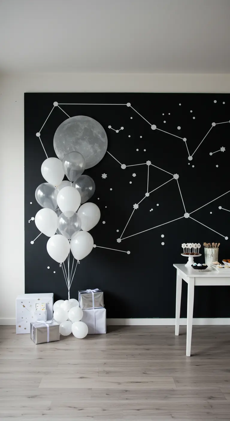 A hand-drawn constellation map on a black wall with white and silver balloons.