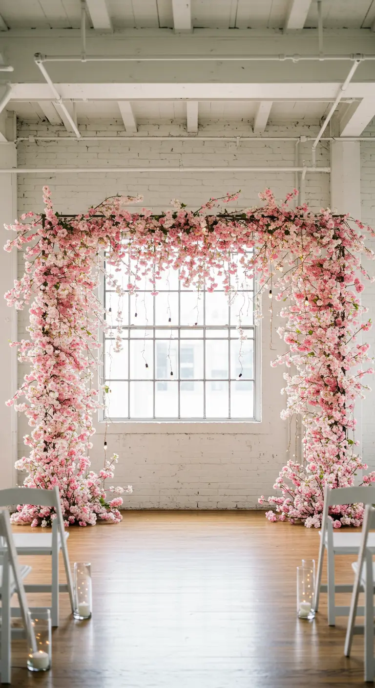 A lush wedding arch covered in pink cherry blossoms framing a window in an industrial loft.
