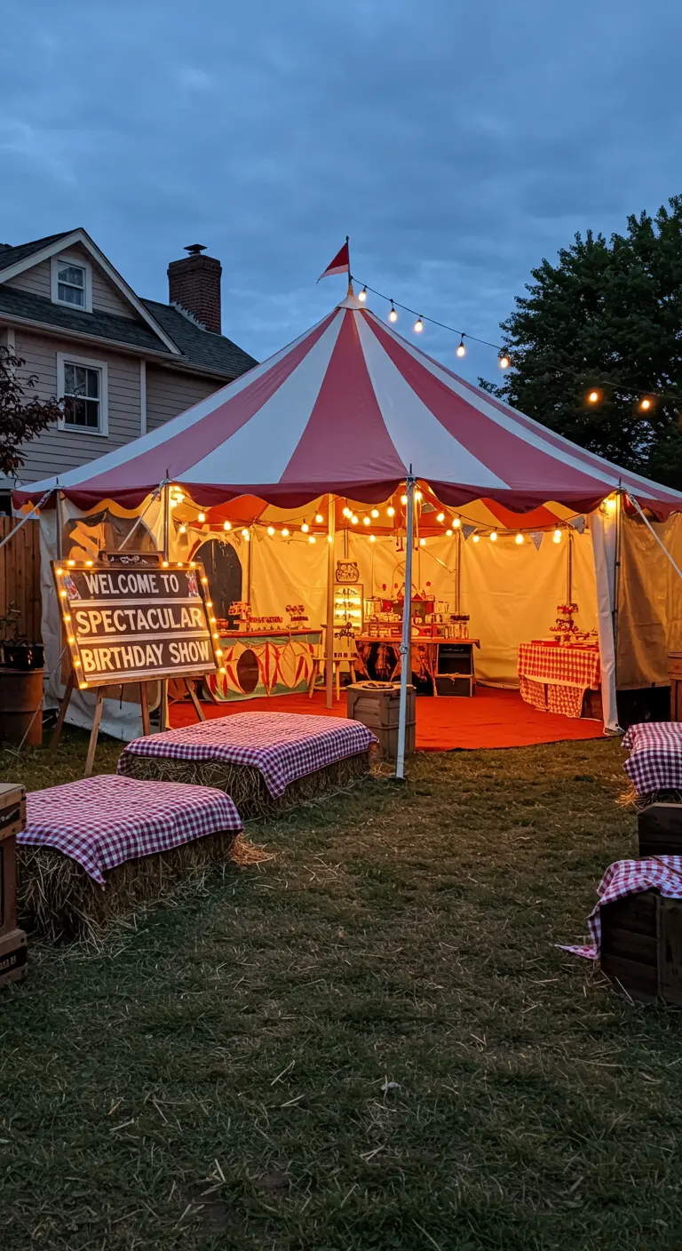 Backyard carnival tent lit up at dusk with hay bale seating.