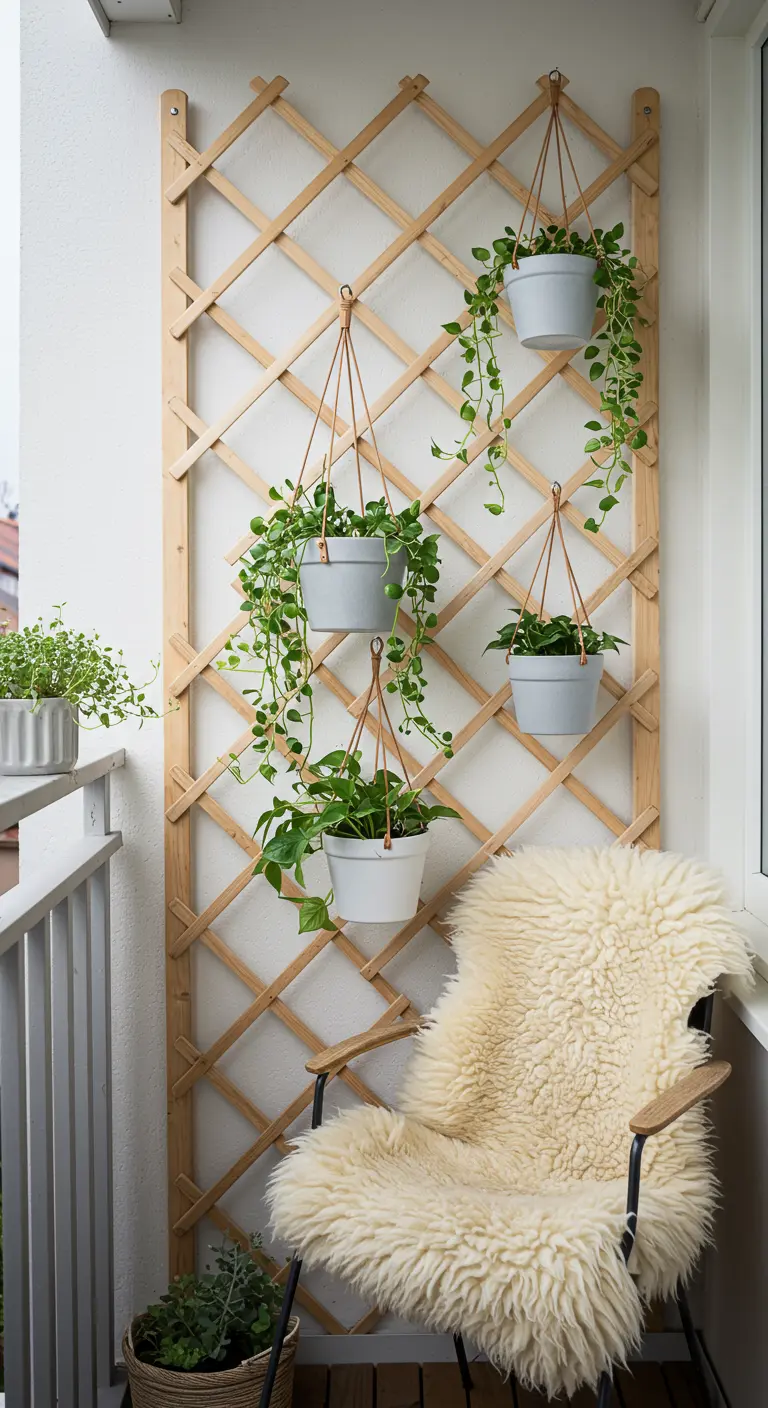 A light wood trellis next to a chair with a cozy sheepskin throw on a balcony.