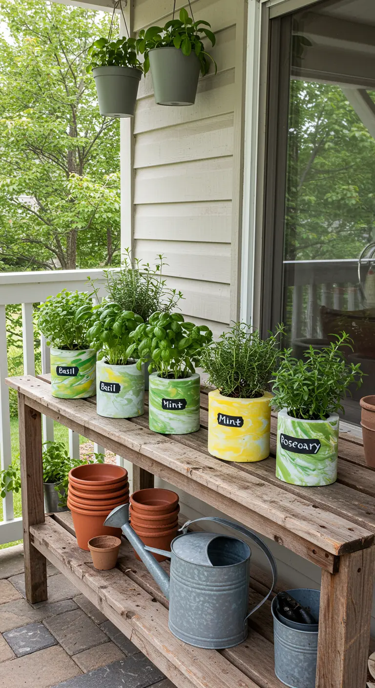 A row of marbled herb pots in green and yellow, with chalkboard labels for mint, basil, and rosemary.