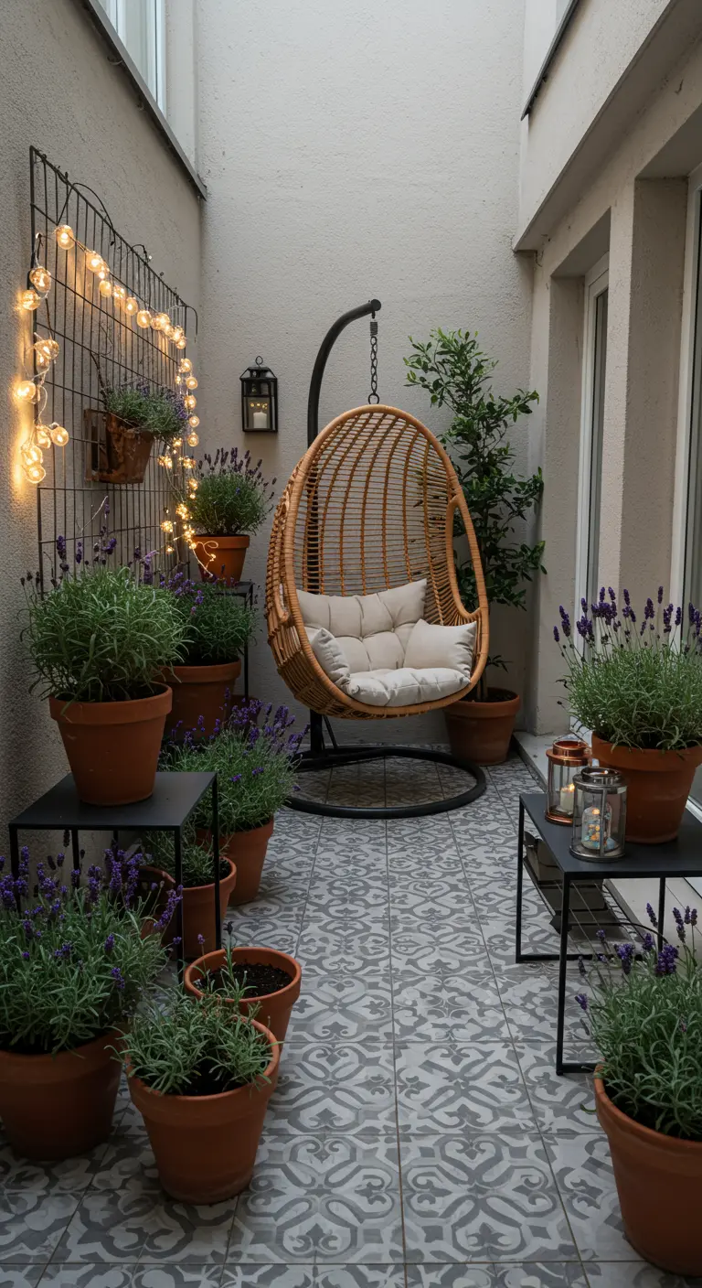 A narrow patio with a wicker egg chair, terracotta pots of lavender, and a wall trellis with lights.