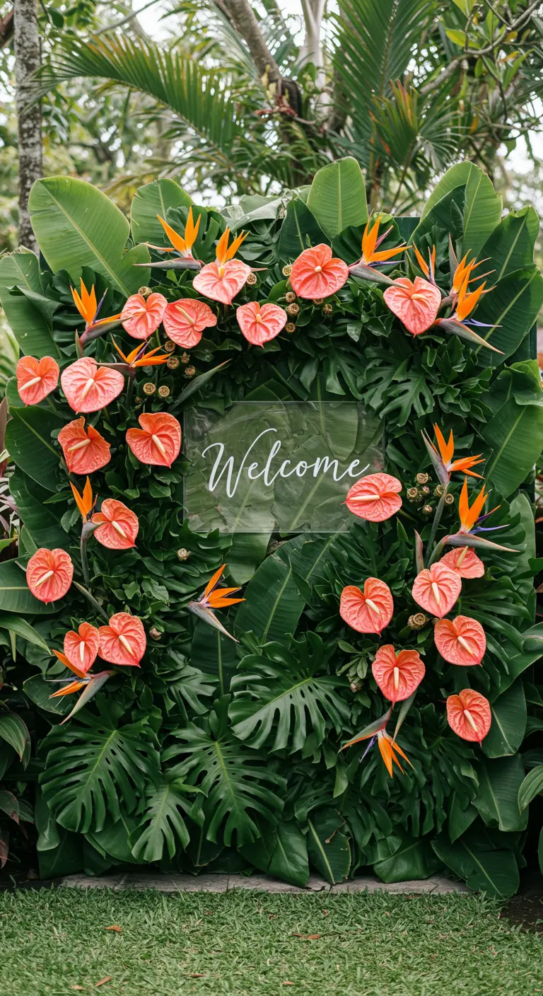 A living wall of tropical leaves with coral anthuriums and a floating acrylic 'Welcome' sign.