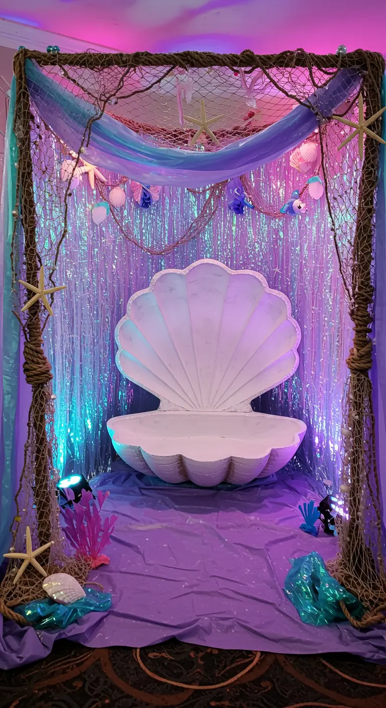 Photo booth with a giant white clamshell seat, iridescent backdrop, netting, and purple and blue lights.