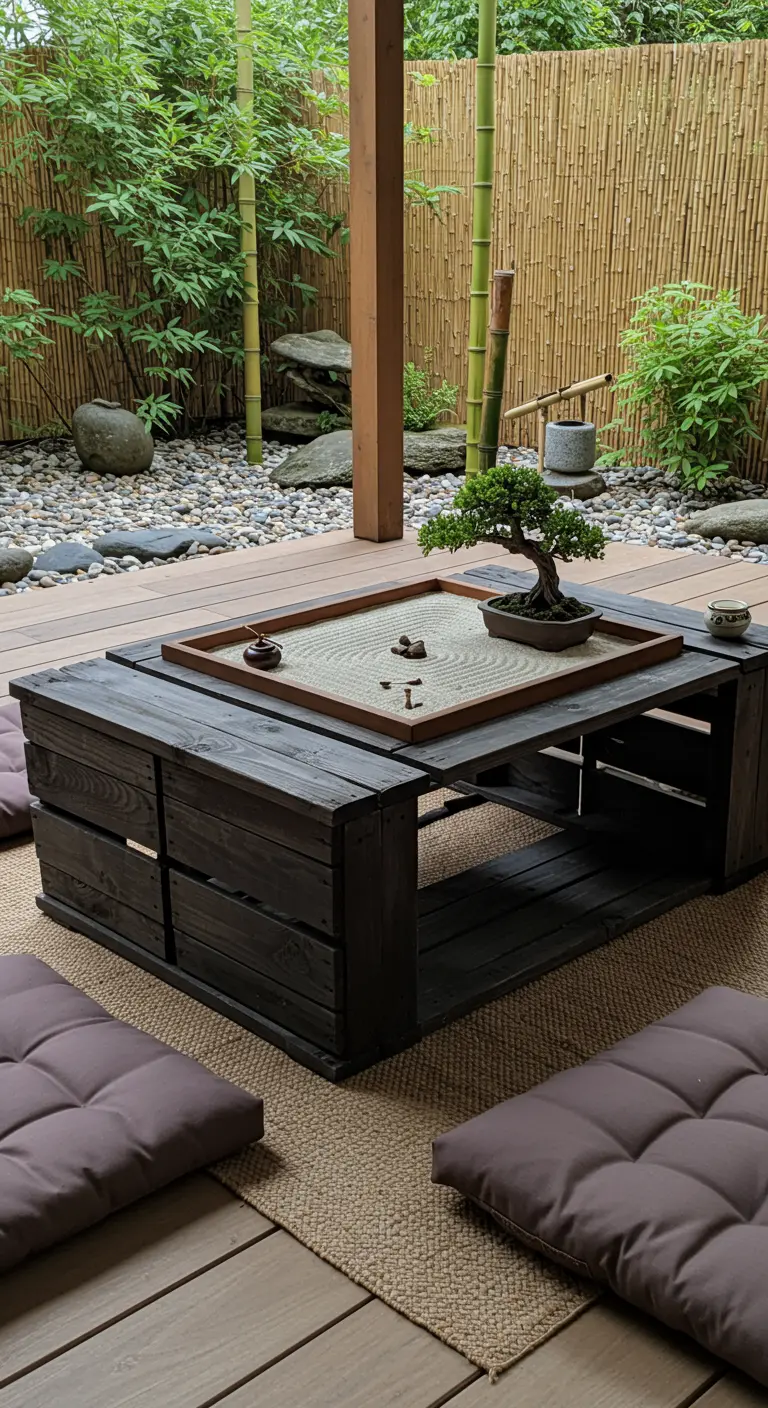 Dark crate table in a Japanese-style garden with a mini zen garden on top.