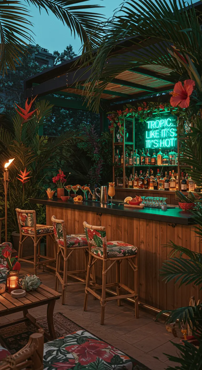 Lush tropical patio bar with a green neon sign and abundant foliage.