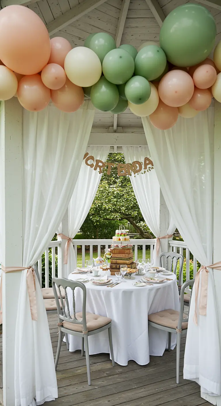 Gazebo decorated with pastel balloons, sheer curtains, and a book centerpiece.