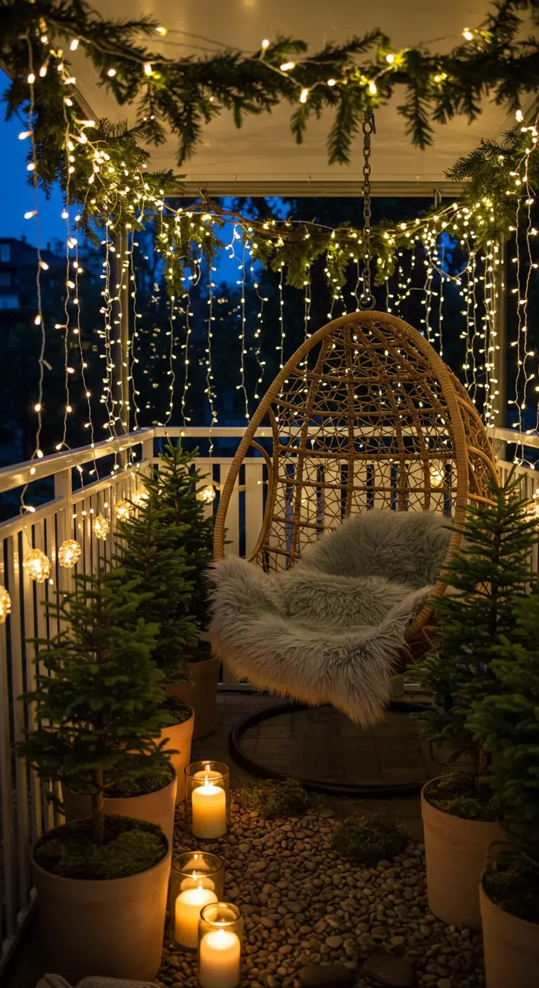 A balcony with a hanging egg chair surrounded by a curtain of fairy lights and mini pine trees.