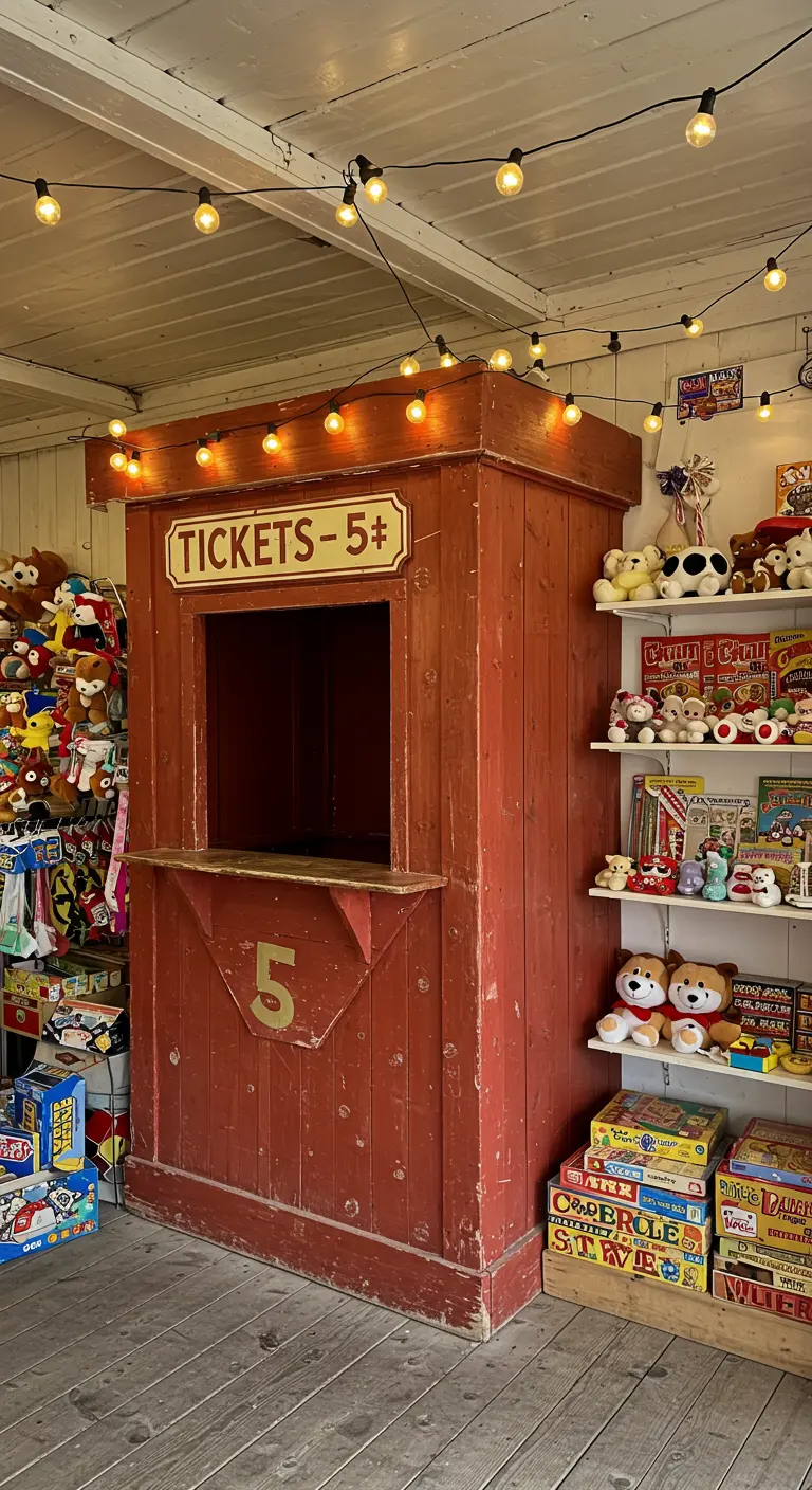 Old-fashioned red wooden ticket booth with string lights.